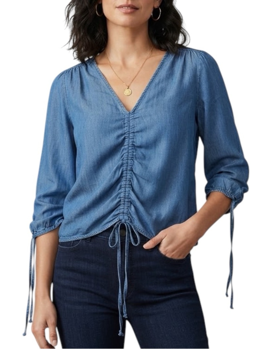 GIRL KRAZY Ruched V-Neck Denim Chambray Blouse Size S Y2K